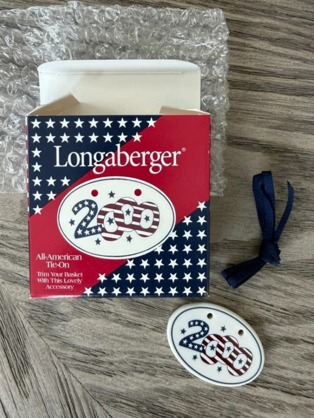 Longaberger Vintage Americana Ceramic Tie-On Set of 2 Flag 2000 Boxed Never Used